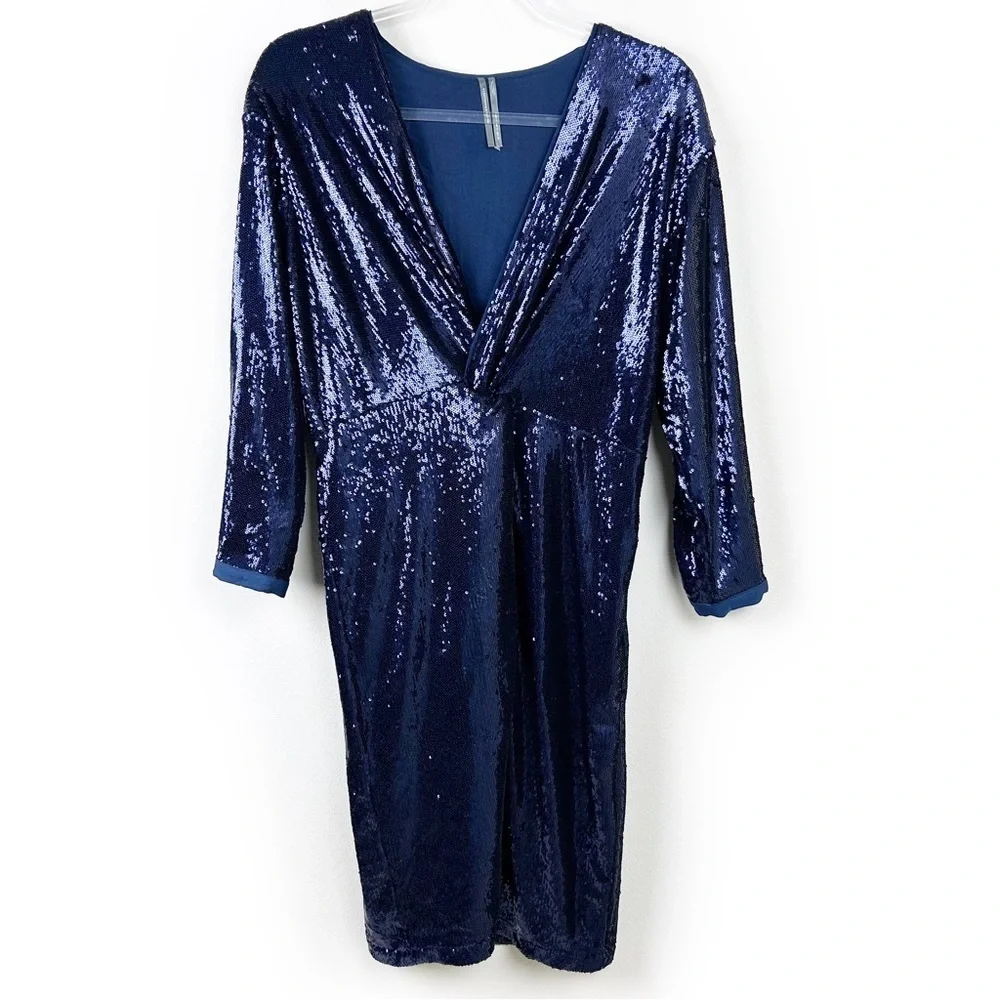by Anthropologie Twist-Front Sequin Dress Navy Blue size: 8P - Picture 4 of 16